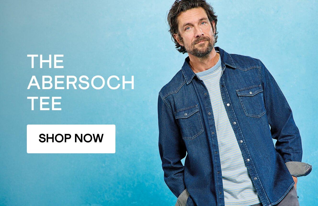 A man wearing the Abersoch Tee. Click here to shop Abersoch Tees.